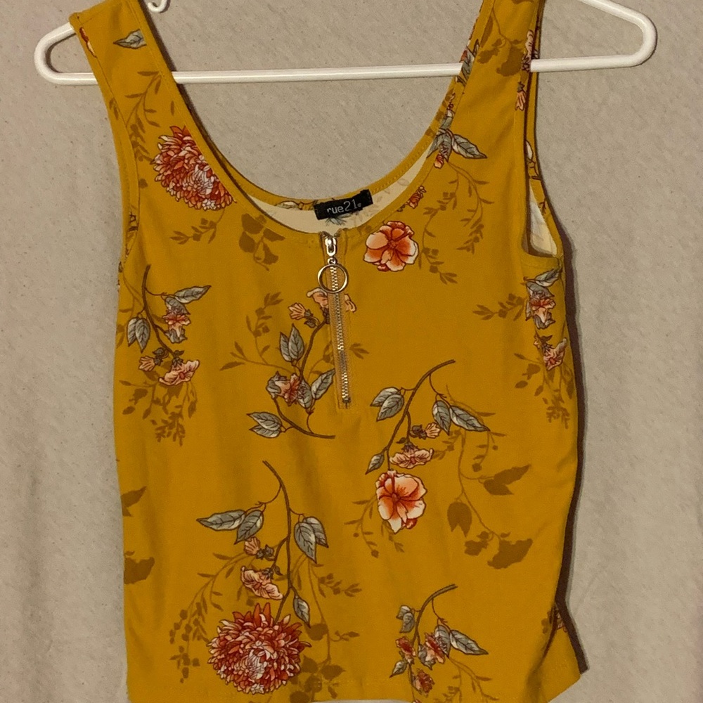Yellow Floral Tank Top with Half Zipper